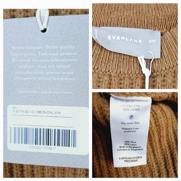 Everlane SZ XXS Oversized Crew In Luxe Merino Sweater - Deep Camel NWT $148 - Picture 5 of 5